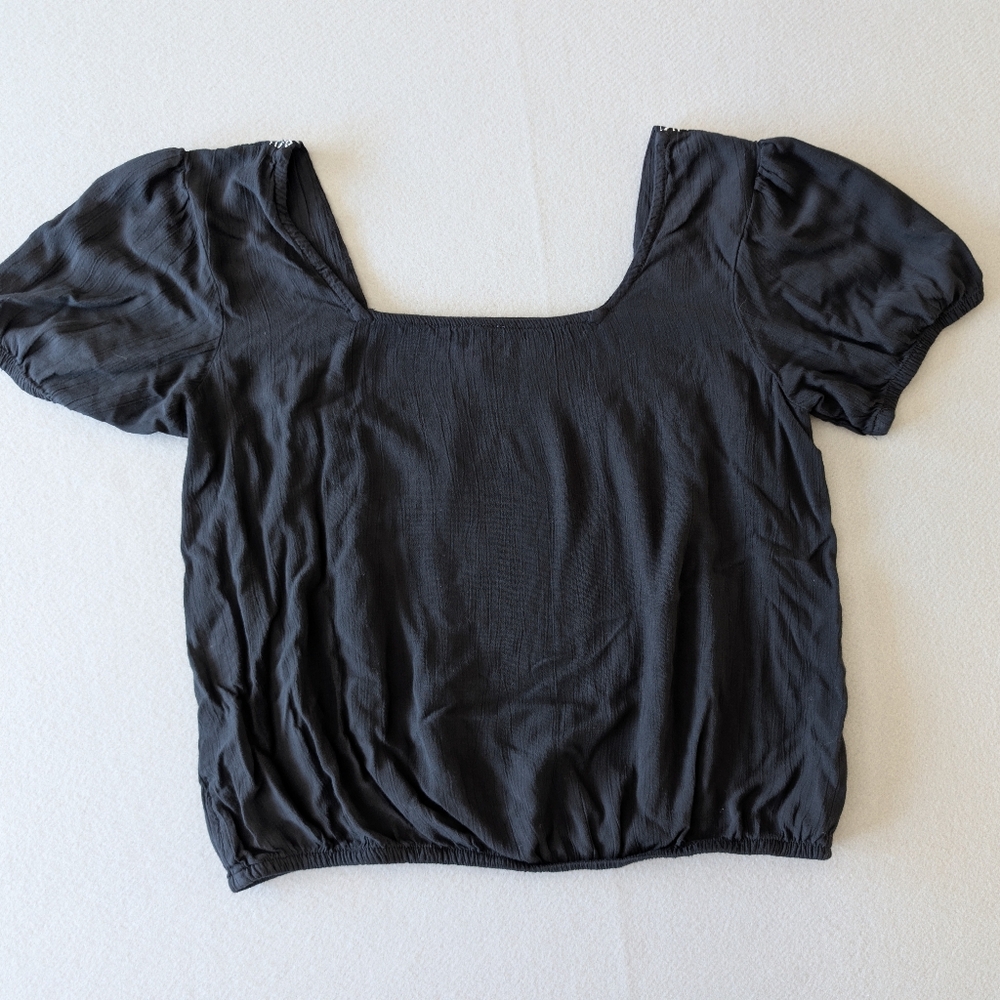Vintage Y2K 90s Boho Embroidered Square Neck Puff Sleeve Black Peasant Blouse S image 6